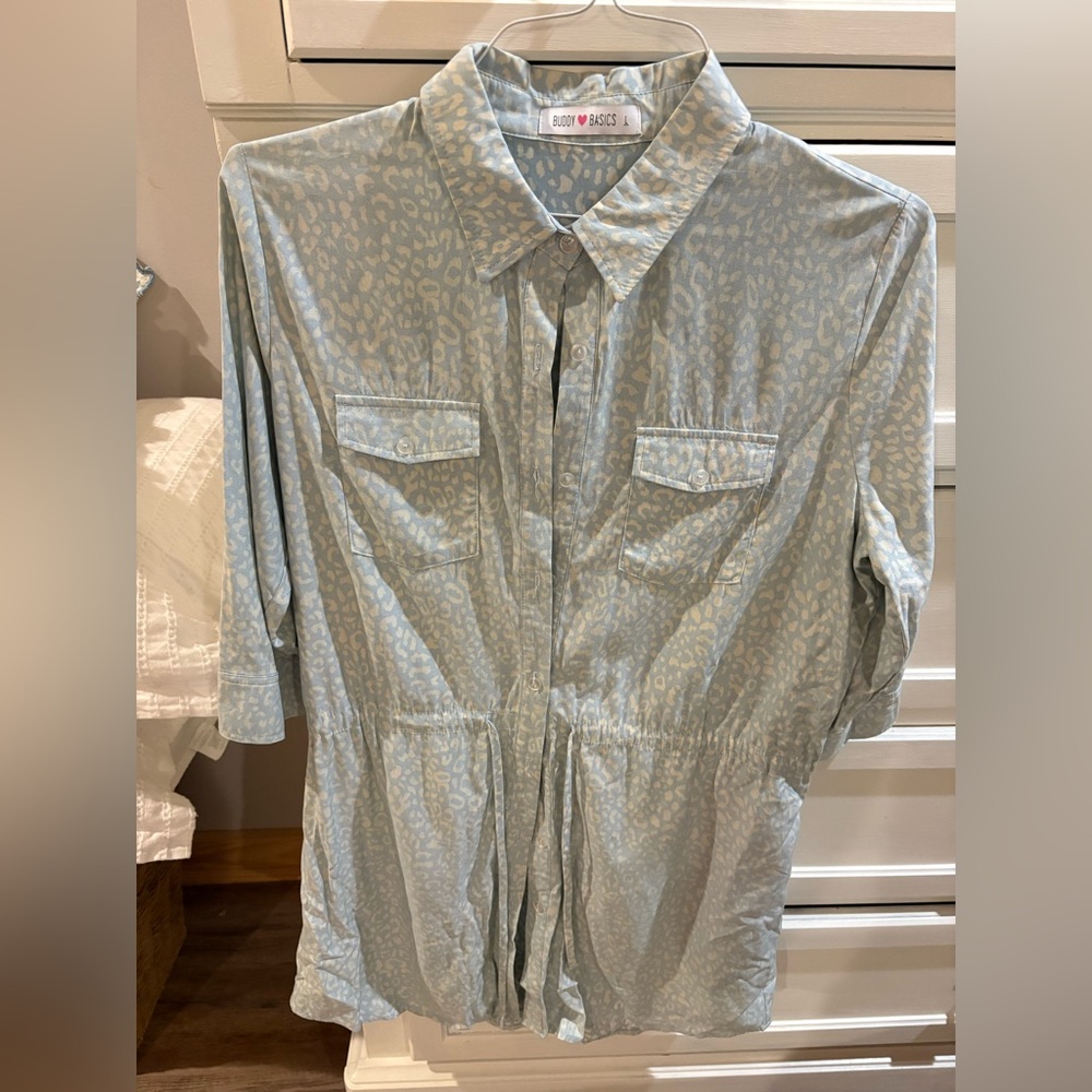 Buddy Basics Light Blue Patterned Button Up Dress - image 1